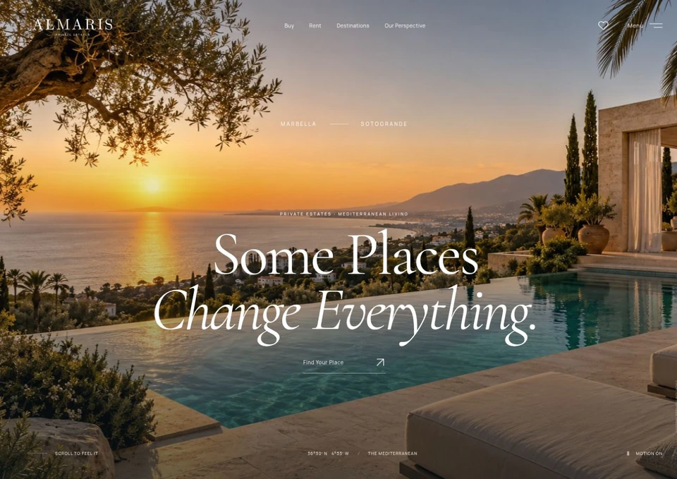 Almaris Homes cinematic website with a full-screen Marbella-inspired golden-hour terrace and Mediterranean sea view