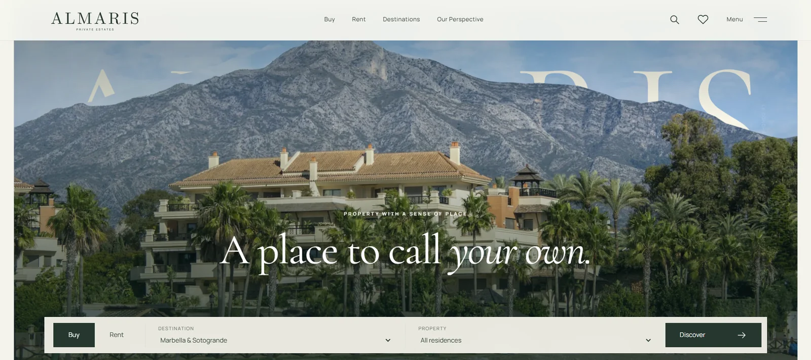 Almaris Homes homepage with La Concha, a luxury property setting, and Buy and Rent search options