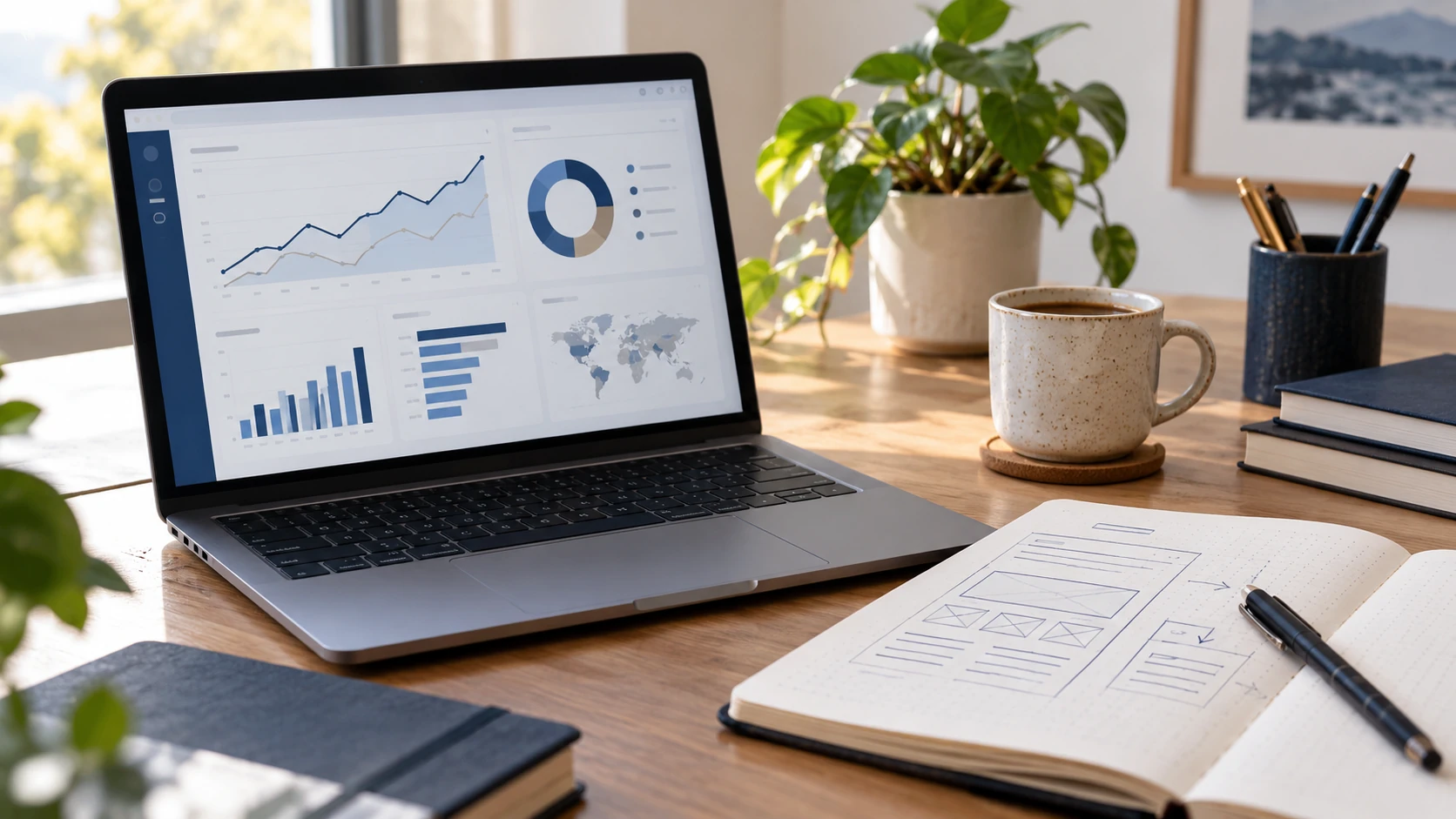 Illustrative website analytics and search planning workspace