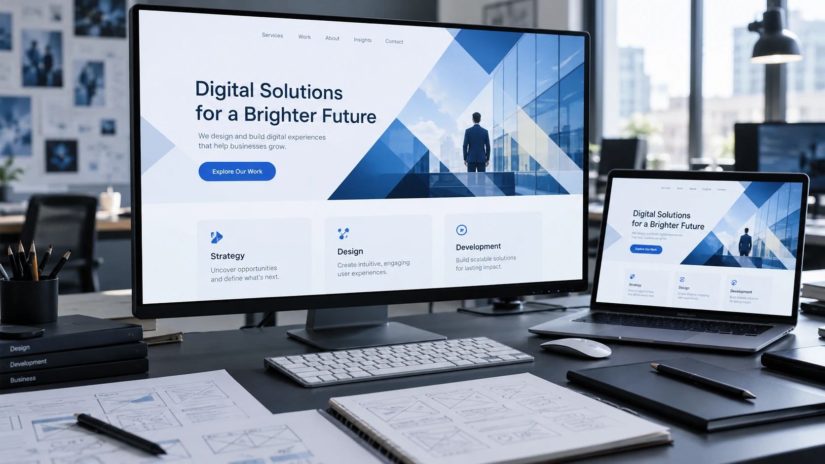 Illustrative web design workspace with desktop and laptop website layouts