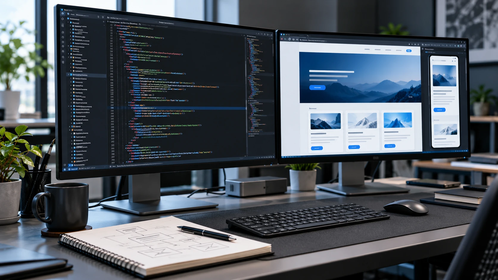Illustrative web development workspace with code and responsive website previews