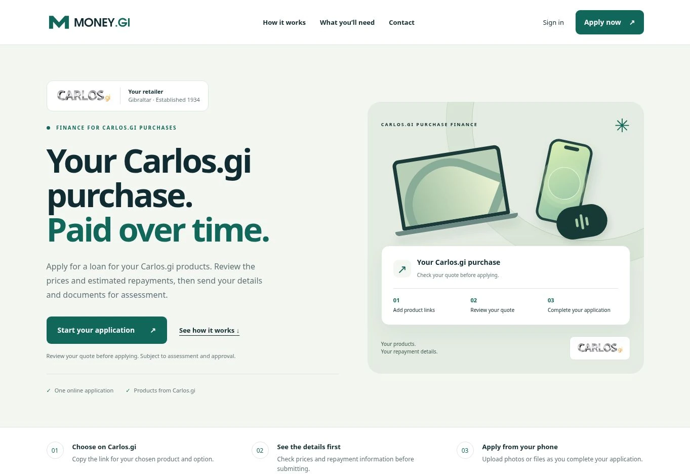 MONEY.GI purchase finance website and online application journey