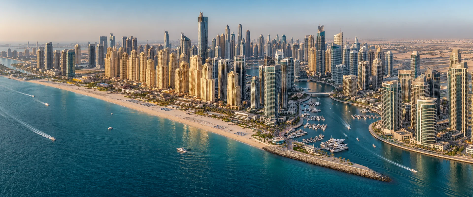 Illustrative aerial panorama of Dubai Marina, Jumeirah Beach Residence and the coastline