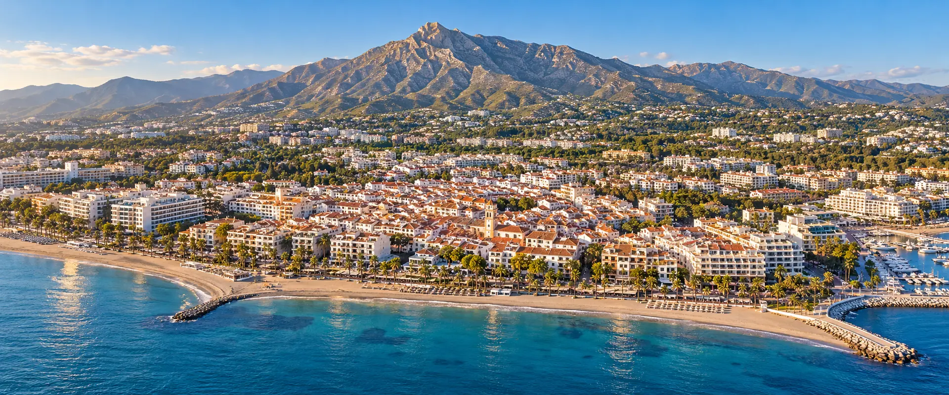 Illustrative aerial panorama of Marbella, its Mediterranean coastline and La Concha