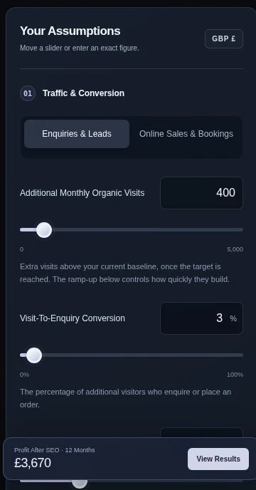 OXO SEO ROI calculator on mobile, showing touch-friendly sliders and numeric inputs
